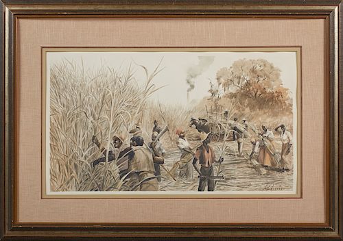 John Korver (1910-1988, Baton Rouge, LA), "Harvesting Sugar Cane," 20th c., watercolor, signed lower right, presented in a gilt and polychromed frame,