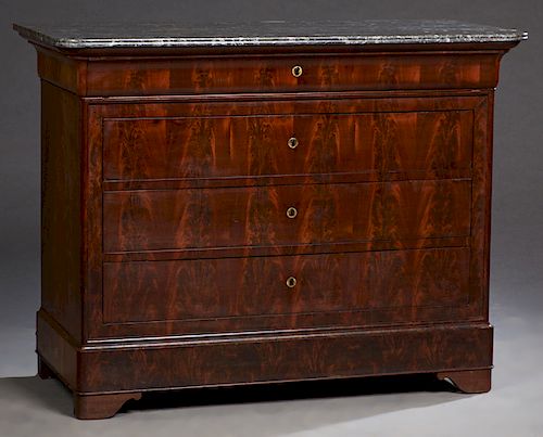 French Louis Philippe Style Carved Mahogany Marble Top Commode, c. 1880, the reeded rounded edge highly figured grey marble over a cavetto frieze draw
