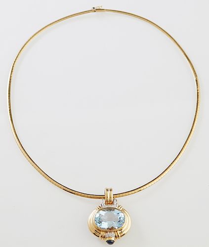 14K Yellow Gold Pendant, of Grecian style, with a horizontal 20.45 carat topaz beneath a diamond mounted lug and over a diamond mounted base set with 