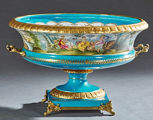 Large Sevres Style Porcelain Baluster Center Bowl, 20th c., in Bleu d'Azul, the gilt rim over a wide concave band with figural and landscape decoratio