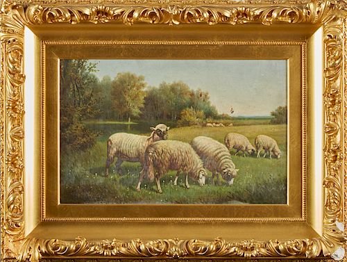 Thomas Sidney Cooper (1803-1902), "Sheep in a Pasture," 19th c., oil on canvas, signed lower left, presented in an ornate gilt and gesso frame, H.- 10