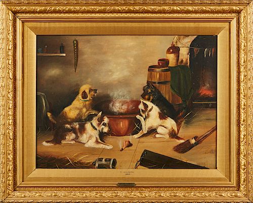 T. Wilson (American), "Dogs and Garlic," 1880, oil on canvas, signed lower right center, presented in a period gilt and gesso frame, with a brass name