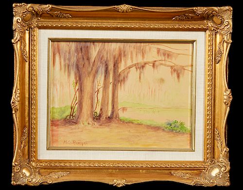 Manuel G. Runyan (1872-1954, Florida), "Moss Draped Trees Along the Water," c. 1930, watercolor, signed and dated l.l., presented in a gilt frame with