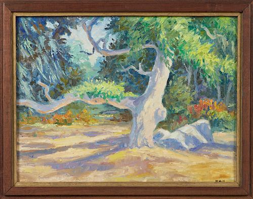 Marie Atkinson Hull (1890-1980, Mississippi), "Large Tree in a Landscape," oil on board, signed lower right, presented in a mahogany frame, H.- 17 1//