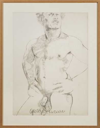 George Valentine Dureau (1930-2014, New Orleans), "Portrait of a Naked Male with a Mustache," 20th c., charcoal, signed lower center, presented in a w