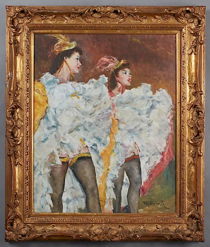 Pal Fried (1893-1976, American), "Can-Can III," 20th c., oil on canvas, signed lower right, presented in an ornate gilt and gesso frame, H.- 29 1/2 in