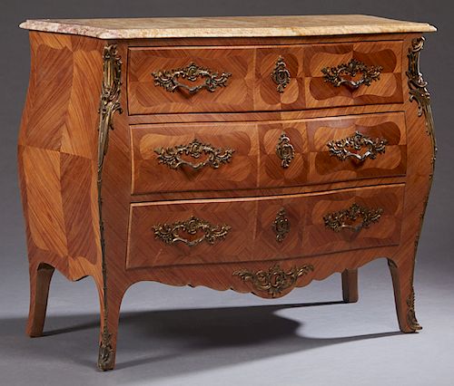 French Louis XV Style Ormolu Mounted Parquetry Inlaid Marble Top Bombe Commode, 20th c., the stepped edge serpentine ocher marble above three deep dra
