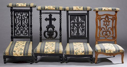 Group of four Ebonized Beech and Walnut Prie Dieu, 19th c., each with a curved armrest above a pierced back splat and bowed seat, upholstered in green