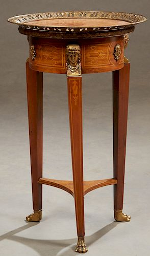French Empire Style Carved Inlaid Mahogany Ormolu Mounted Pedestal, early 20th c., the inset inlaid top surrounded by a pierced ormolu band over an in