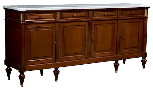French Louis XVI Style Carved Mahogany Ormolu Mounted Marble Top Sideboard, 20th c., the cookie corner ogee edge highly figured marble over four friez