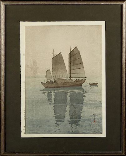 Hiroshi Yoshida (1876-1950, Japanese), "Sailing Boat, Forenoon," 1926, woodcut, from the "Inland Setonai Selection," pencil titled "Sailing Boats" low