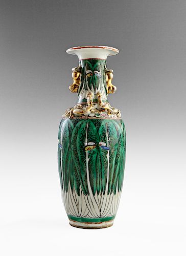 Chinese Famille Verte Baluster Vase, early 20th c., with applied gilt Foo dog handles and salamander shoulders, the sides with leaf and dragonfly deco
