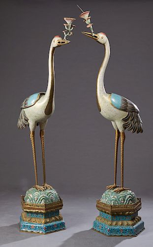 Pair of Massive Chinese Cloisonní© Cranes, 20th c., with finely detailed plumage, the back panel opening to reveal a compartment containing a lingzhi 