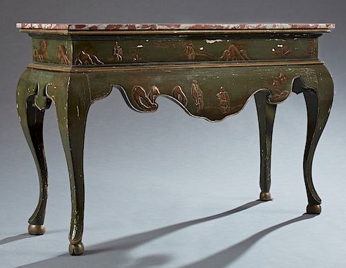 English Marble Top Chinoiserie Console Table, 19th c., the highly figured rouge marble over a wide green painted skirt with relief Chinese figural dec