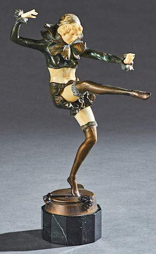 Otto Hoffmann (1885-1915, German), "Pierrot Dancer," c. 1900, patinated bronze and bone figure, signed on the rear of the integral base next to a foun