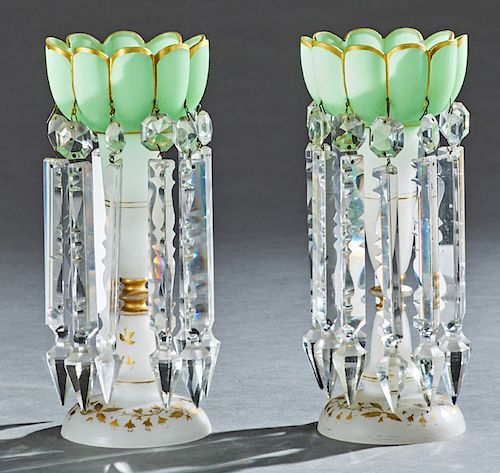 Pair of American Frosted Glass Lusters, 19th c., the green floriform gilt decorated glass shades hung with long button and spear cut glass prisms on a