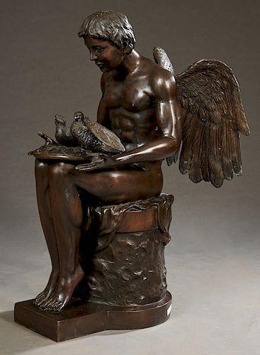 Patinated Bronze Fountain Figure, 20th c., of a seated male angel holding two doves, H.- 36 in., W.- 29 in., D.- 16 in.