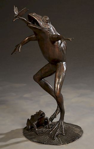 Patinated Bronze Frog Fountain Figure, 20th c, of a jumping frog catching a dragonfly on his tongue, standing on a lilypad, with another frog at his f