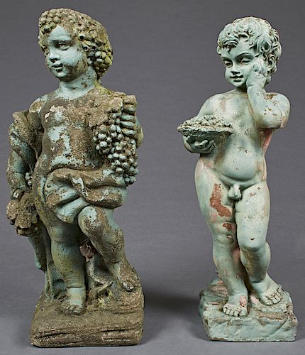 Pair of Cast Stone Figures of Putti, 20th c., representing two of the four seasons, on integral plinth bases, now in green paint, H.- 29 in., W.- 9 1/