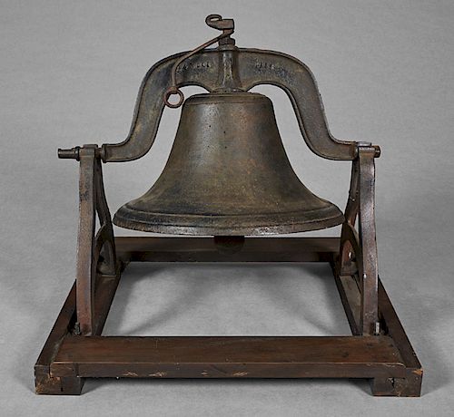 Antique Cast Iron Plantation Bell , the bell and yoke marked No. 4, the reverse stamped "The C.S. Bell Co., Hillsboro, [Ohio]", on A-frame supports an