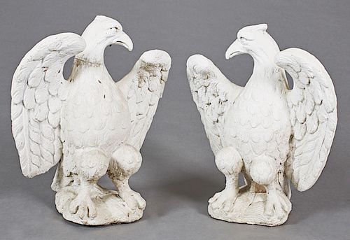 Pair of Large Cast Stone Garden Eagles, 20th c., with spread wings, H.- 24 in., W.- 18 in., D.- 8 in.
