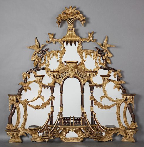 Chinese Chippendale Style Giltwood and Mahogany Overmantle Mirror, 20th c., the mirror with a twig-carved mahogany outer edge with applied gilt leaves
