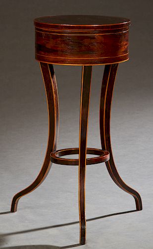 English Inlaid Rosewood Work Table, 19th c., the circular lift lid over three velvet lined compartments, on splayed legs joined by a lower circular st