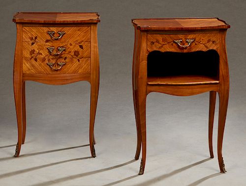 Pair of Louis XV Style Marquetry Inlaid Bombe Nightstands, 20th c., with 3/4 galleried bowed tops over three drawers and a side pullout drink slide, o