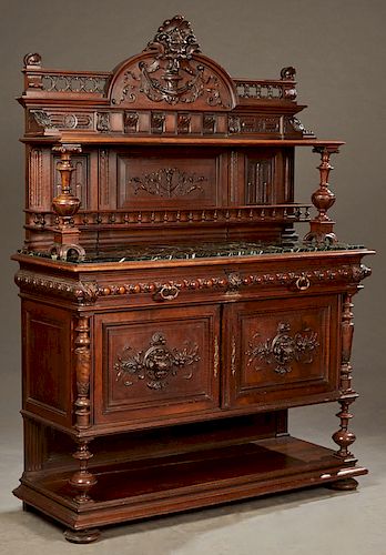 French Henri II Style Carved Walnut Marble Top Server, c. 1880, the inset highly figured verde antico marble on a stepped base with two frieze drawers
