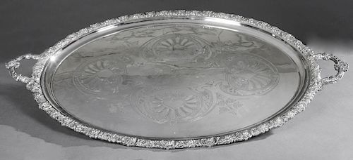 Sheffield Silverplated Serving Tray, c. 1900, by Walker and Hall, the handled sides around a relief flower and scroll border, the center of the tray w