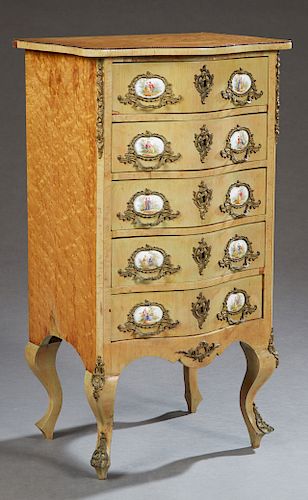 Diminutive Louis XV Style Ormolu Mounted Burled and Polychromed Walnut Chest, 20th c., the bowed top over five polychromed bowed drawers, with ormolu 