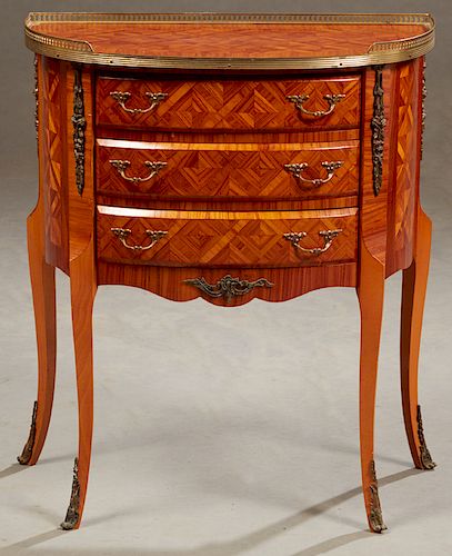 Diminutive French Inlaid Mahogany Louis XV Style Ormolu Mounted Bowfront Commode, 20th c., the parquetry inlaid brass galleried top over three bowed d