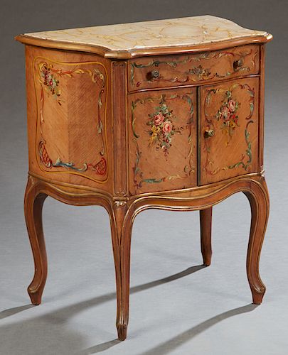 French Louis XV Style Marble Top Bowfront Nightstand, early 20th c., the inset ocher marble over a frieze drawer above a floral painted double cupboar