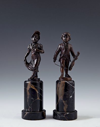 Otto Rasmussen (1845-, German), "Young Male Violinist," and "Young Girl with a Bonnet," late 19th c., pair of cabinet bronzes on highly figured steppe
