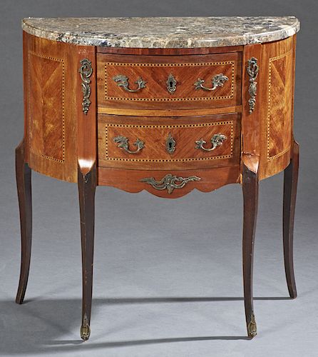 French Louis XVI Style Marble Top Inlaid Mahogany Demilune Side Table, 19th c., the stepped edge D-shaped figured grey marble above two drawers and co