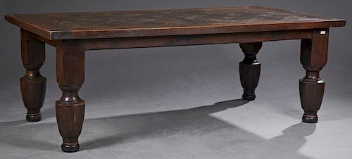 French Carved Oak Monastery Table, 19th c., the thick parquetry inlaid top, on large block and turned tapered legs on disc feet, H.- 29 1/4 in., W.- 8
