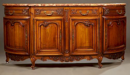 French Louis XV Style Carved Cherry Marble Top Breakfront Sideboard, 19th c., the rounded edge breakfront breche d'Alps marble top over two frieze dra