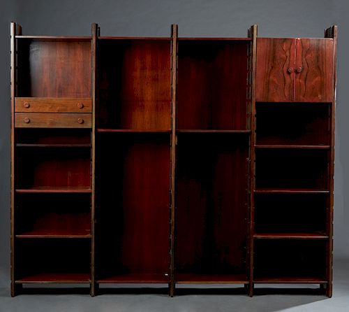 Gianfranco Frattini for Bernini, "Materita" Rosewood Open Sectional Bookcase, c. 1965, with two center open shelved sections, flanked left by a sectio