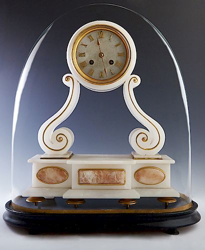 French Alabaster and Marble Ormolu Mounted Portico Mantle Clock, 19th c., the time and strike drum clock by Samuel Marti, on ormolu mounted scrolled s