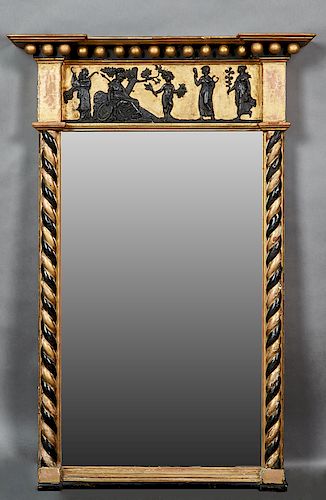 French Gilt and Gesso Polychromed Overmantle Mirror, 19th c., the breakfront top mounted with gilt balls, over a relief frieze of classical figures fl