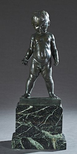 After Nino Geraci (1900 - 1980, Italian), "Baby Boy," 20th c., patinated bronze, signed verso "Nino Gerace," mounted on a stepped verde antico marble 
