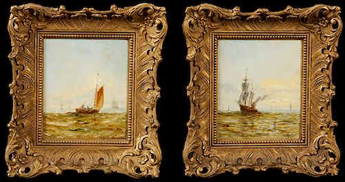 William Calcott Knell (1830-1880, English), "Sailboats on the Water," 19th c., pair of oils on panel, each signed, presented in matching gilt and gess