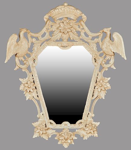 French Polychromed Henri II Style Carved Beech Overmantle Mirror, c. 1880, the arched crown and floral basket crest flanked by carved birds, over a tr