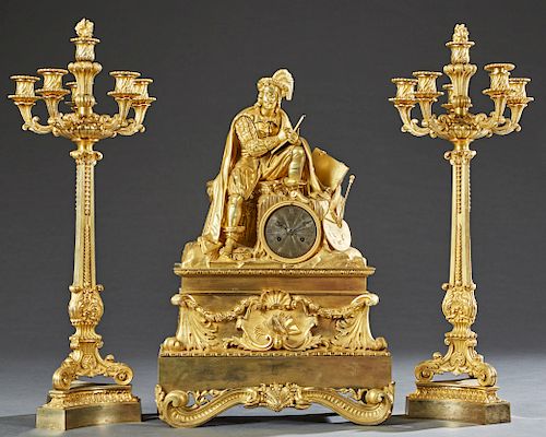 Exceptional Louis XV Style Gilt Bronze Three Piece Clock Set, early 19th c., the figural clock with an artist at work, atop a steel face drum clock, t