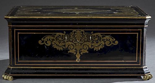 Large French Bronze Mounted Boulle Style Ebonized Inlaid Rosewood Box, c. 1870, the elaborate brass and mother-of-pearl inlaid lifting and folding lid