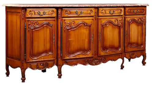 French Louis XV Style Carved Cherry Marble Top Bowfront Sideboard, 20th c., the rounded corner stepped edge serpentine mauve and ocher marble over two