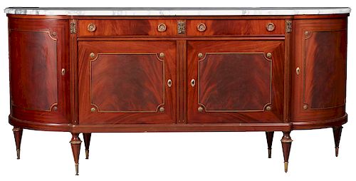 French Louis XVI Style Carved Mahogany Ormolu Mounted Marble Top Sideboard, the stepped figured white marble over two frieze drawers above double cupb