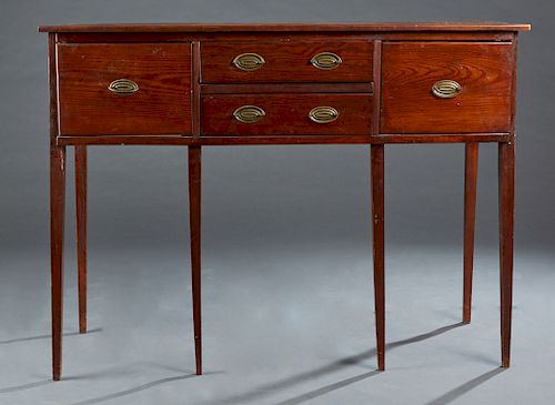 American Southern Pine Country Huntboard, early 20th c., the rectangular top over a central bank of two drawers, flanked by two deep drawers, on taper