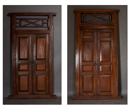 Pair of French Entryway Doors, 20th c., with X-form transoms over double three panel doors, mounted in the original fames, H.- 106 in., W.- 50 in., D.