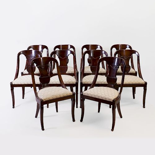 Set of Ten Classical Carved Mahogany Klismos Chairs